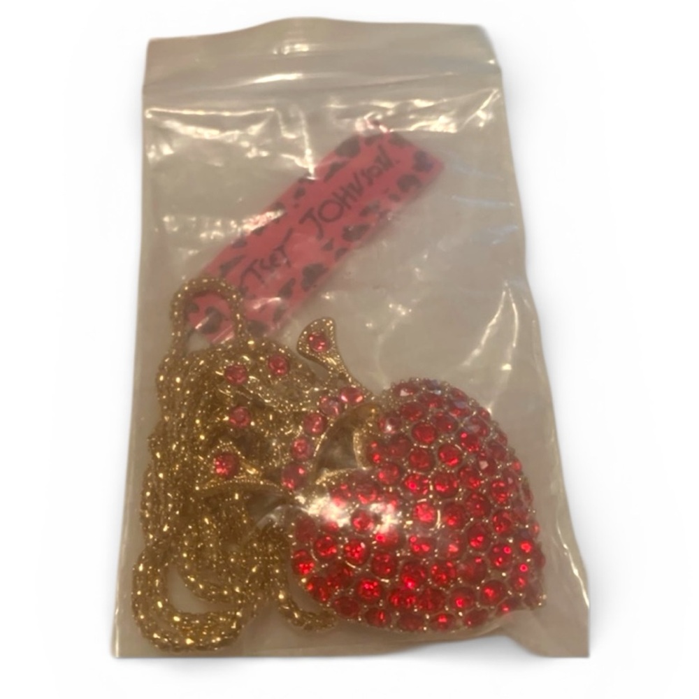 NEW Betsey Johnson Gold Crystal Crown Red CZ Heart Necklace 18”-22” chain NWT - Picture 7 of 8